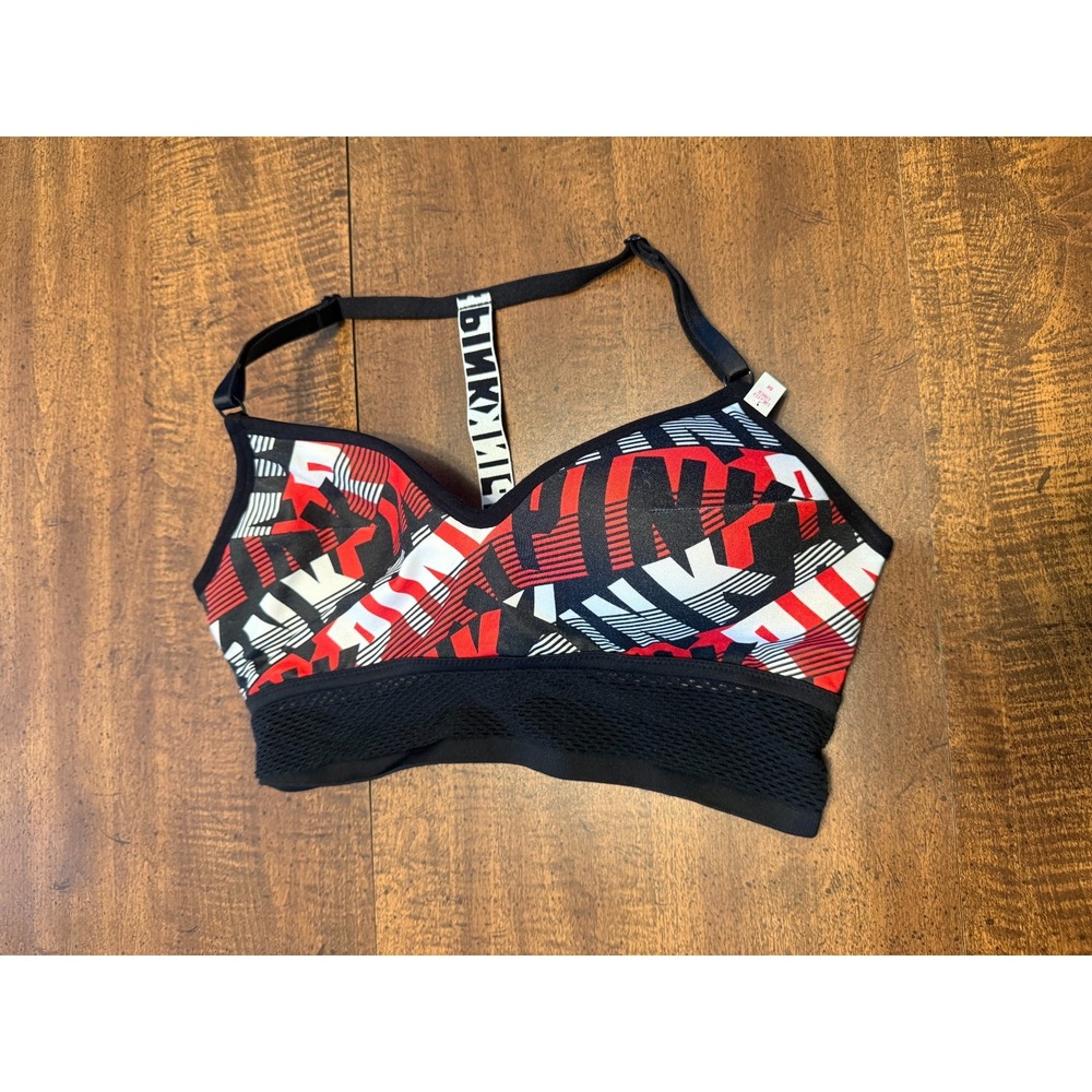 Victoria's Secret PINK Sports Bra Womens M NWT Lightly Lined Black Red Geometric